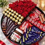 Chocolate flower hamper Lahore with red roses and assorted chocolates