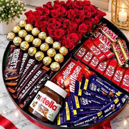Chocolate flower hamper Lahore with red roses and assorted chocolates