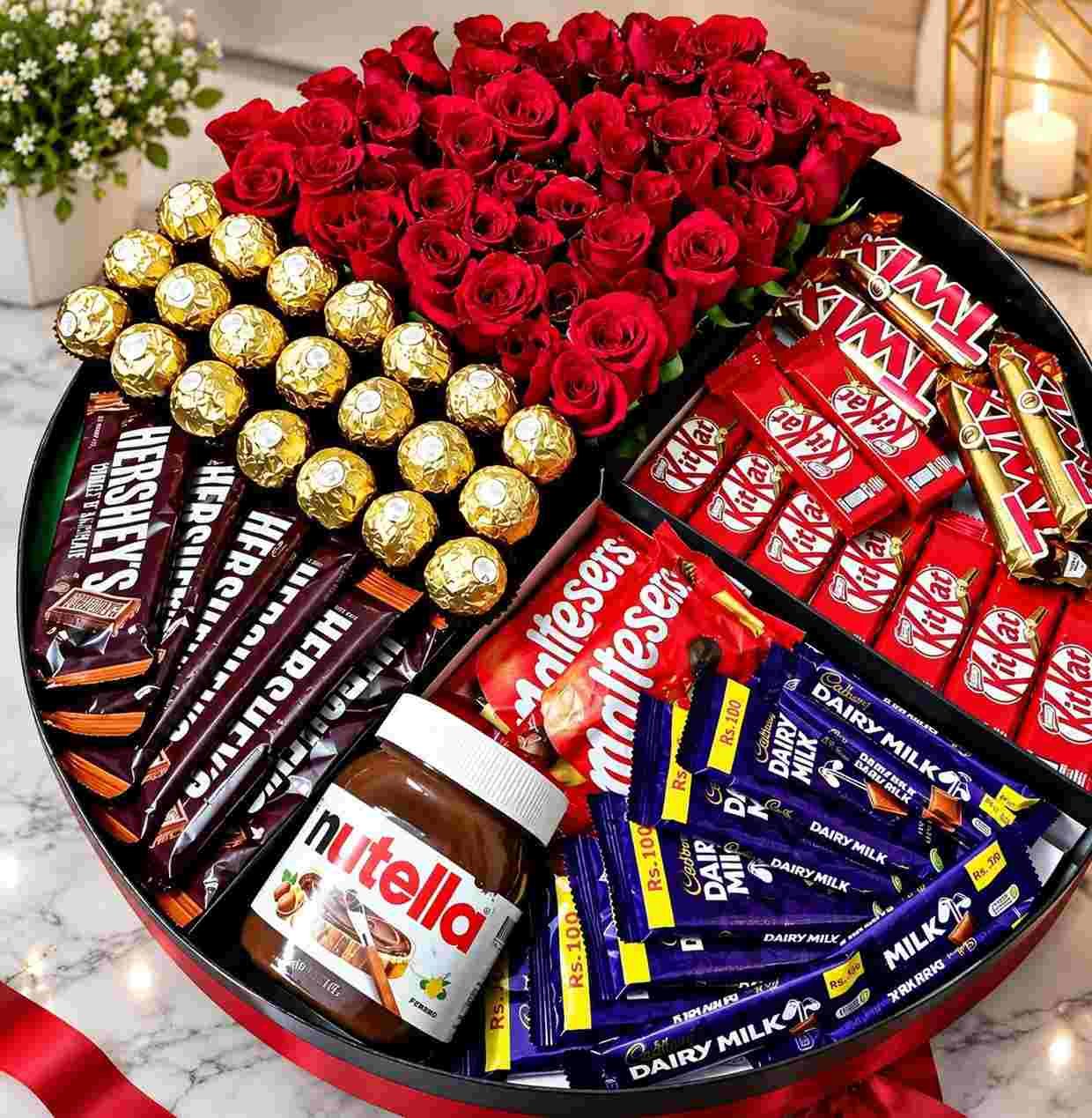 Royal Chocolate Rose Hamper Chocolate flower hamper Lahore with red roses and assorted chocolates