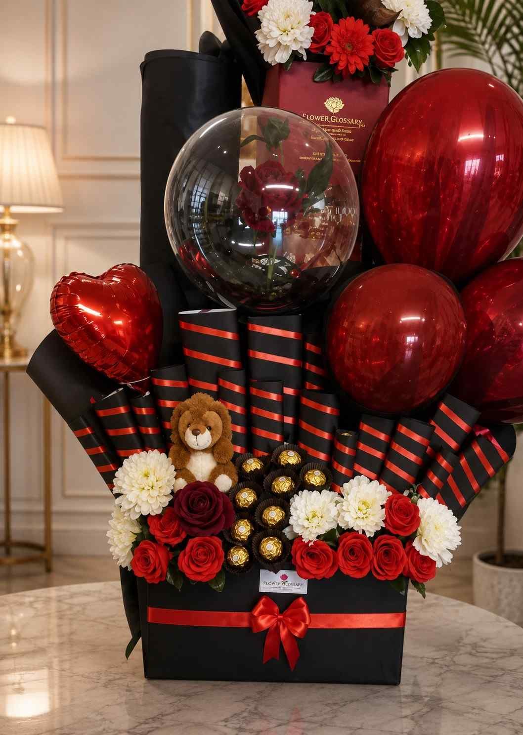 Luxury Gift Hamper Lahore Luxury gift hamper Lahore with red roses, chocolates, balloons, and teddy bear