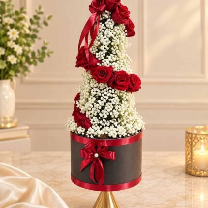 Flowers and Gifts Lahore with red roses and white baby’s breath
