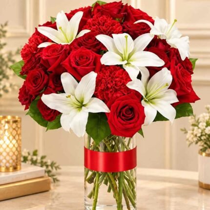Red white flower bouquet Lahore with roses, lilies, and carnations
