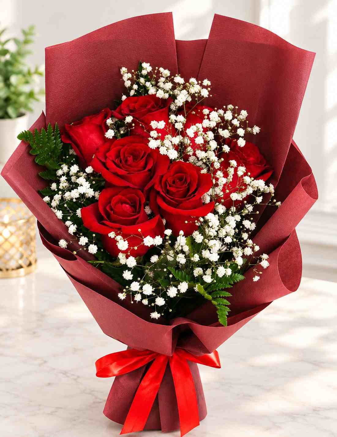 Red Rose Bouquet Pakistan Red rose bouquet Pakistan with baby’s breath and fresh greenery