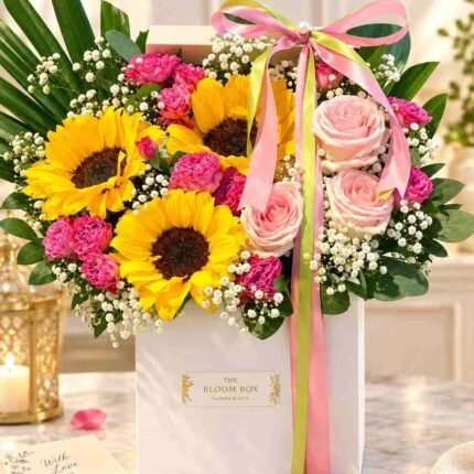 Sunflower gift box Lahore with pink roses and fresh mixed flowers