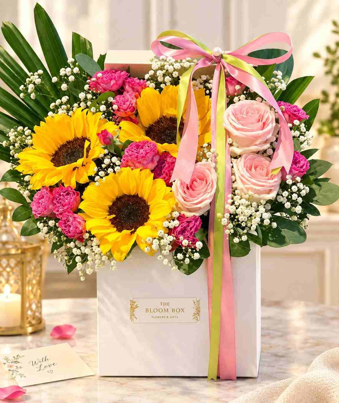 Sunflower Gift Box Lahore Sunflower gift box Lahore with pink roses and fresh mixed flowers