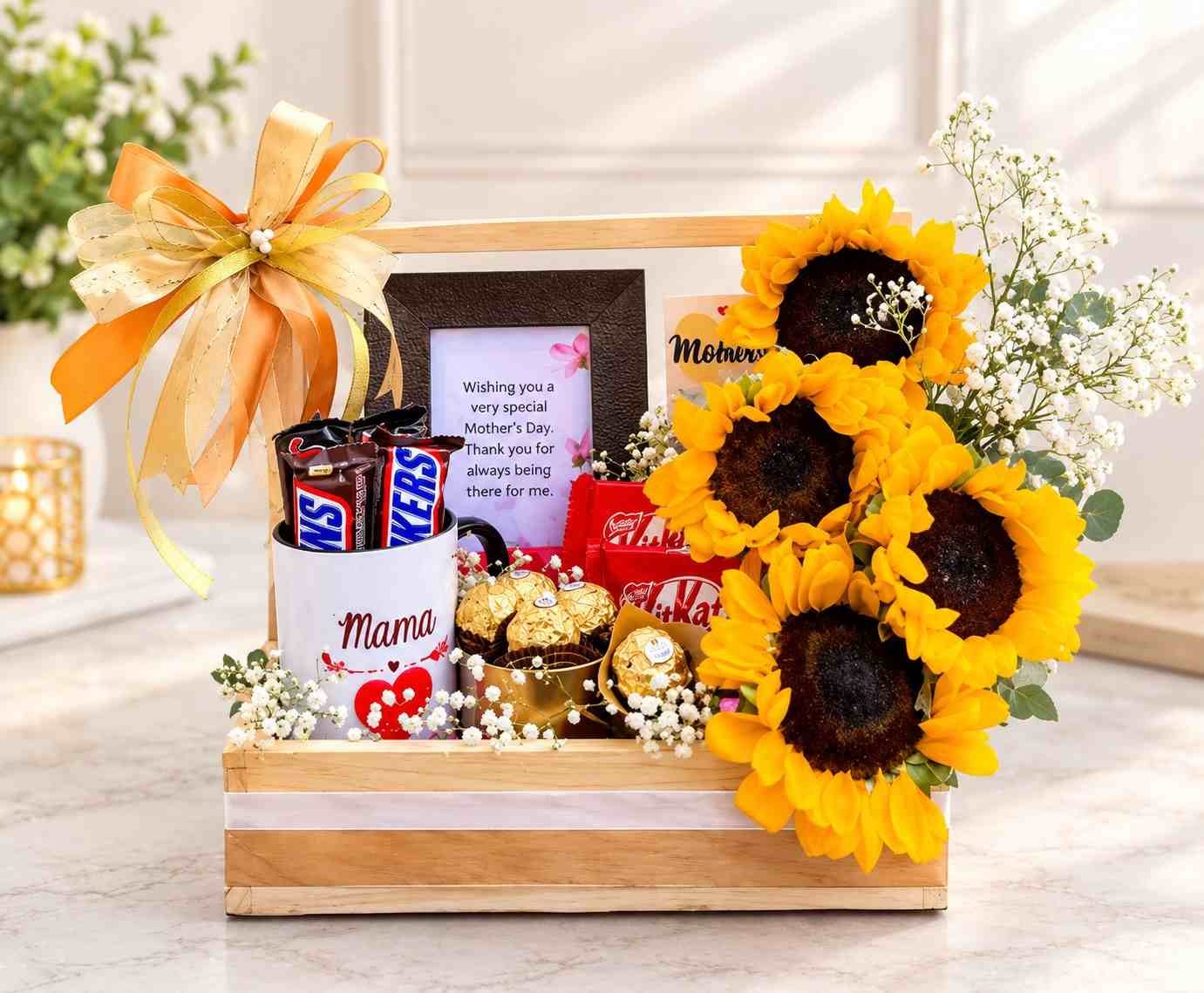 Sunflower Gift Basket Pakistan Sunflower Gift Basket Pakistan with chocolates and Mama mug