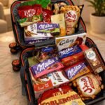 Chocolate gift hamper Lahore in a suitcase with assorted chocolates and snacks