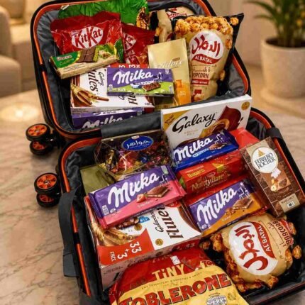 Chocolate gift hamper Lahore in a suitcase with assorted chocolates and snacks