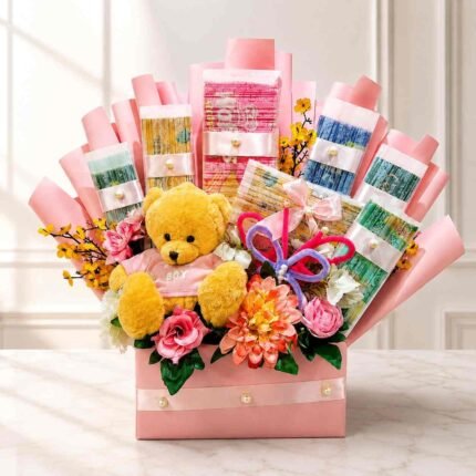 Money bouquet Pakistan with teddy bear and flowers