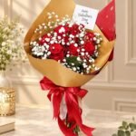 Red Rose Bouquet Lahore with baby’s breath and Valentine’s Day card