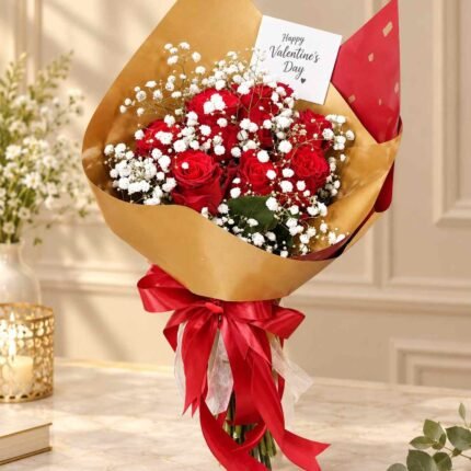 Red Rose Bouquet Lahore with baby’s breath and Valentine’s Day card