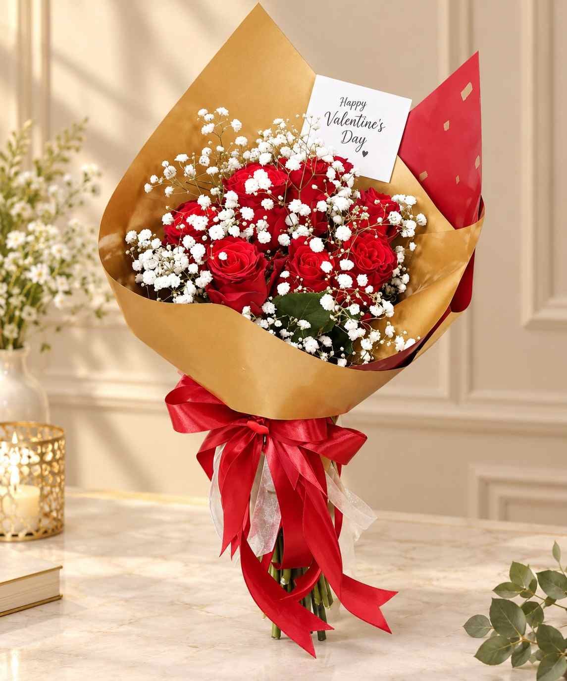 Red Rose Bouquet Lahore Red Rose Bouquet Lahore with baby’s breath and Valentine’s Day card