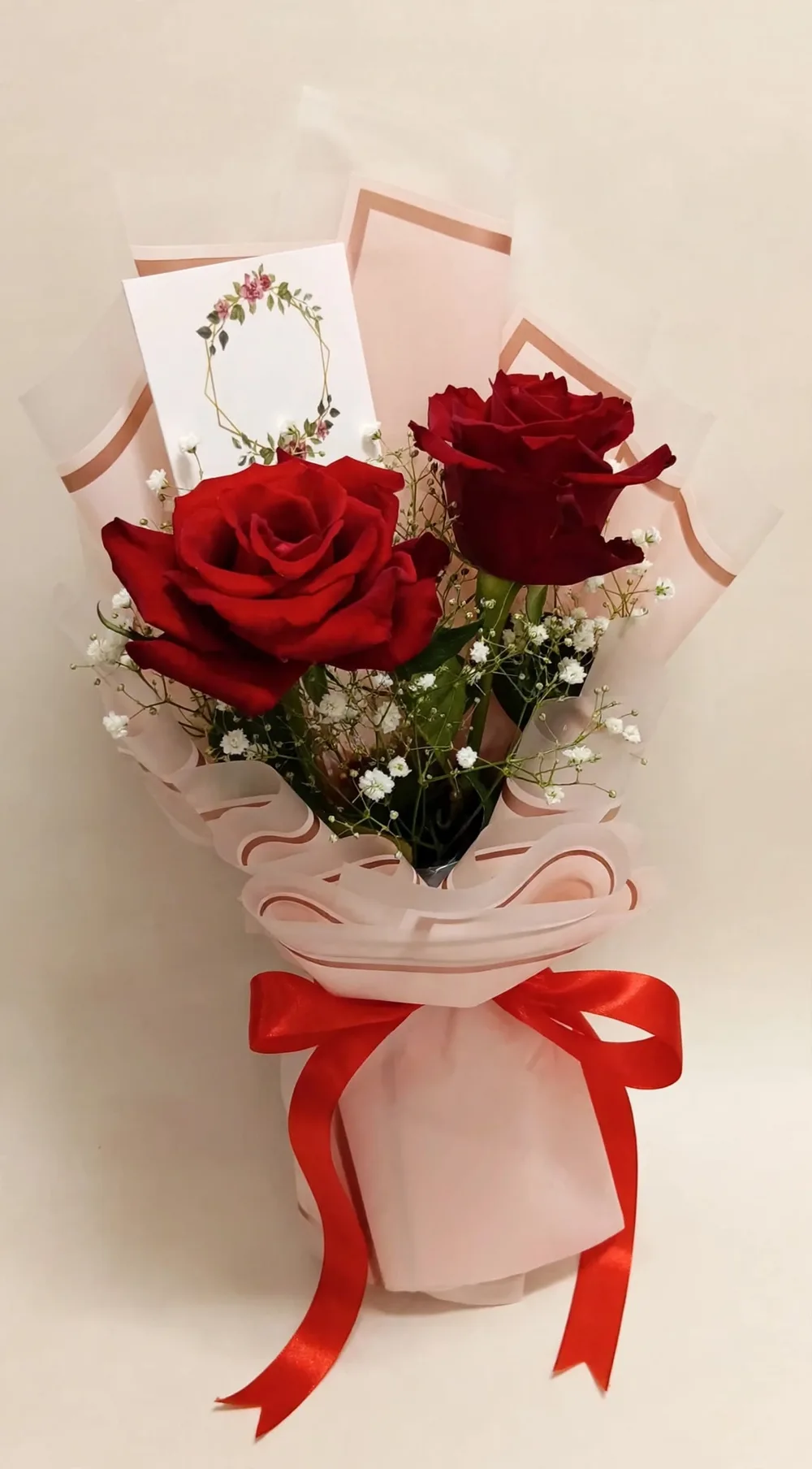 Two Red Roses Bouquet – Angle View – PakFlowerShop