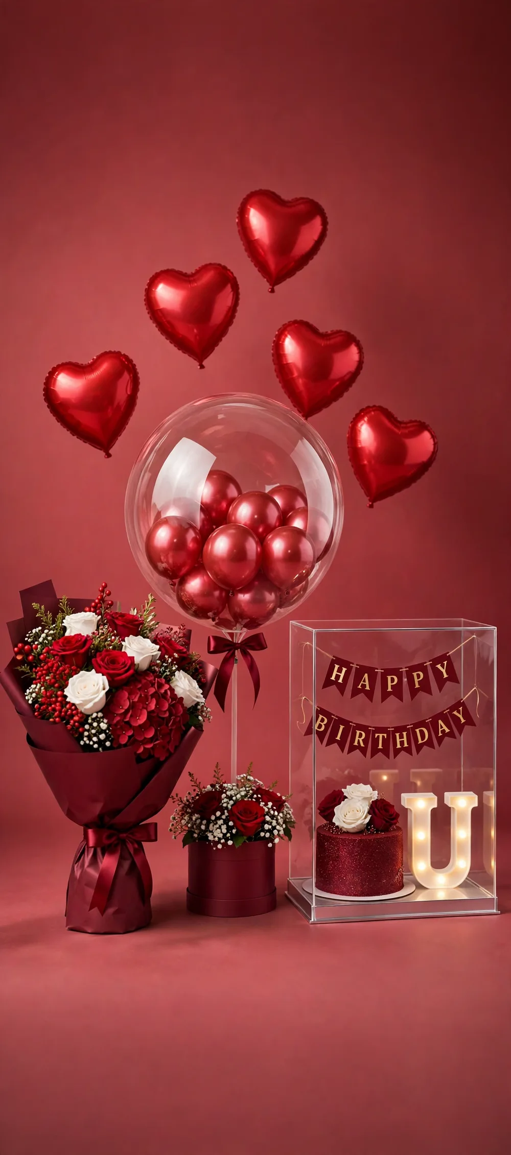 Complete Birthday Set – Red Theme – Angle View – PakFlowerShop