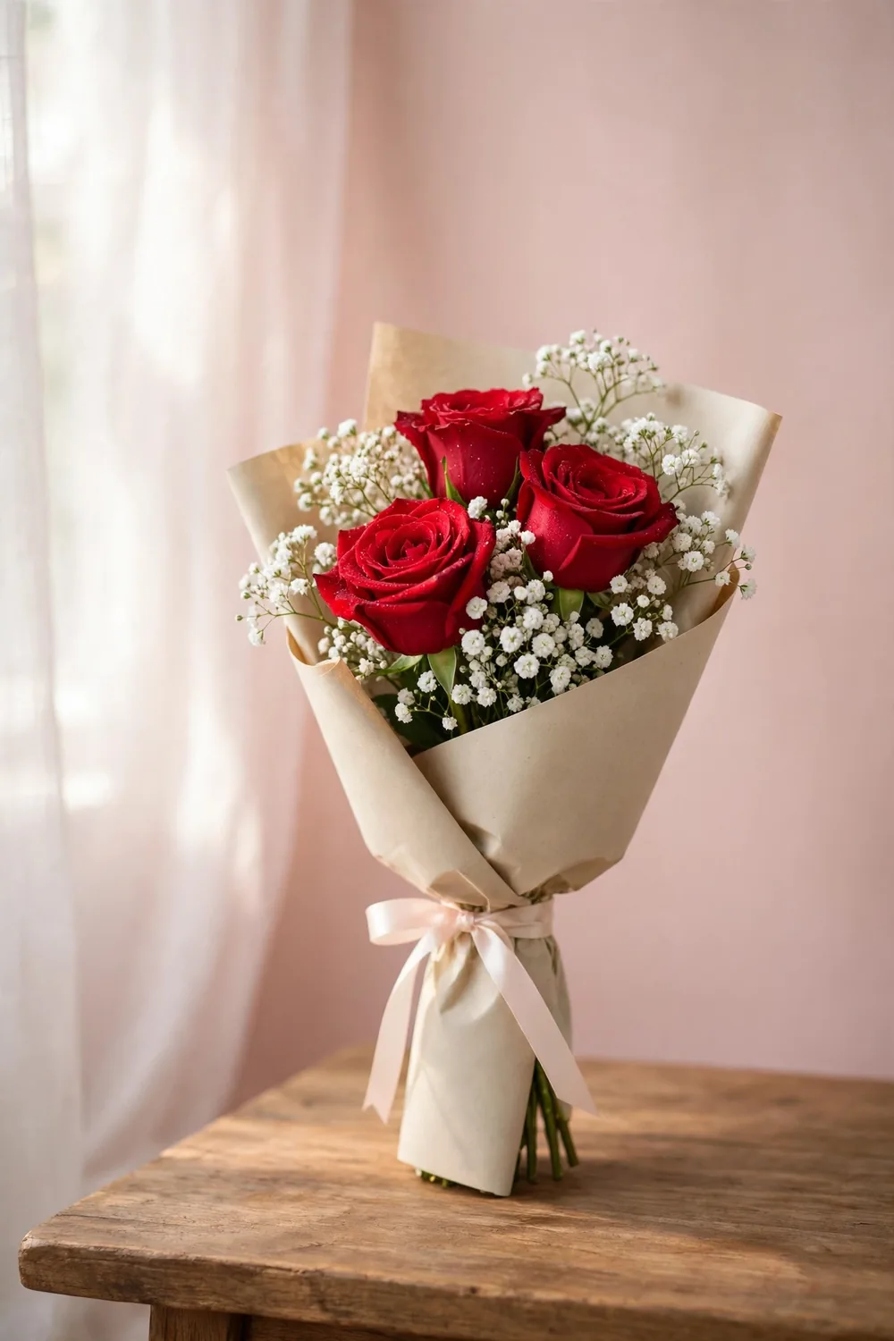 Three Imported Red Roses with Baby's Breath – Angle View – PakFlowerShop