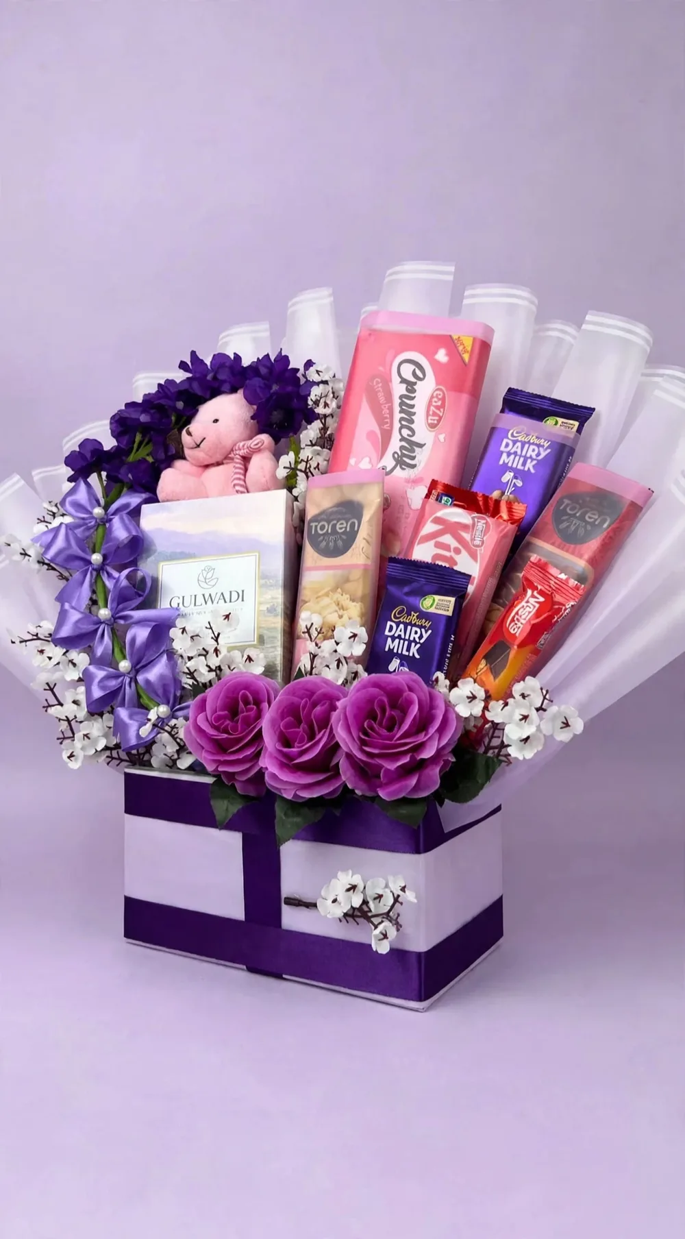 Purple Gift Box with Gulwadi Perfume, Chocolates & Roses - Image 2