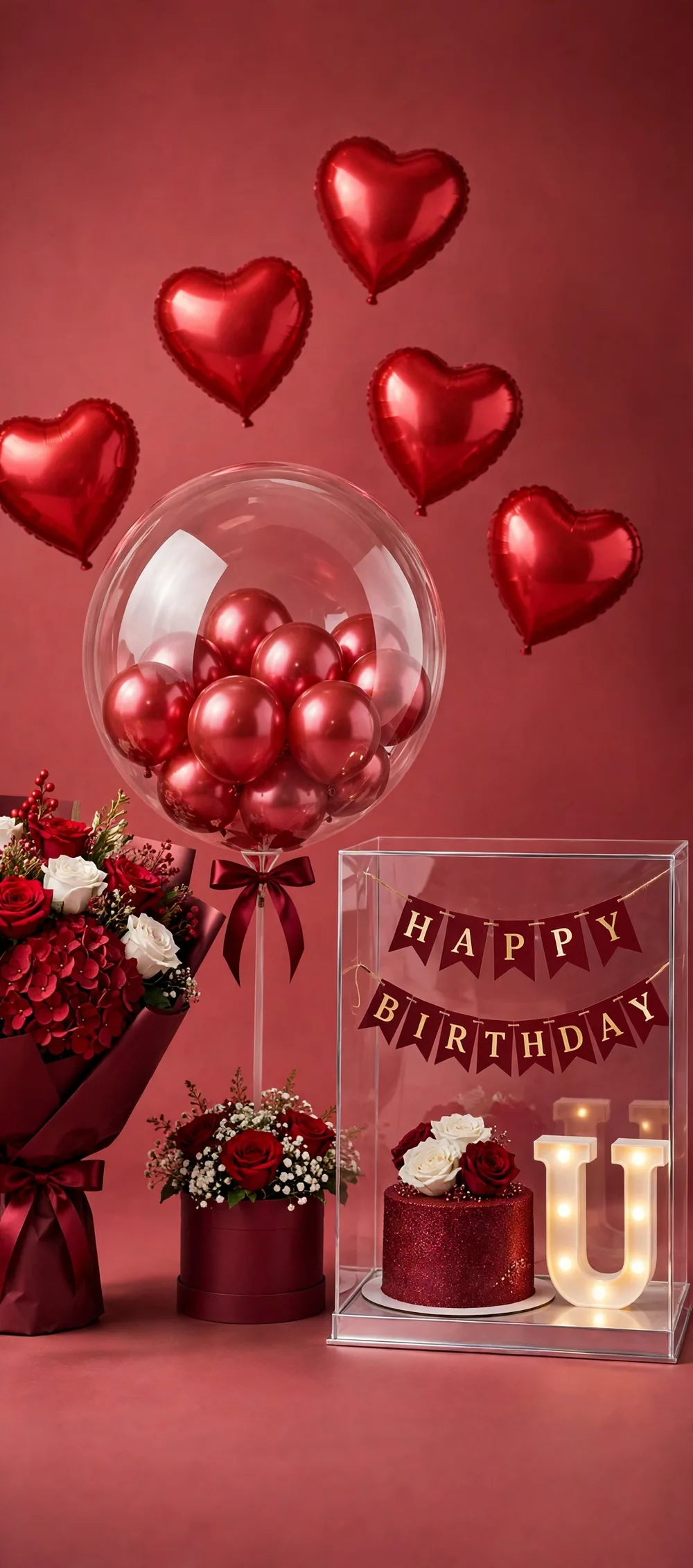 Complete Birthday Set – Red Theme – Close-up – PakFlowerShop