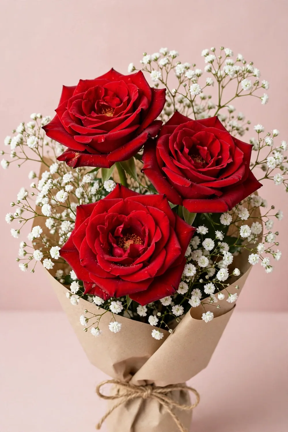 Three Imported Red Roses with Baby's Breath – Close-up – PakFlowerShop