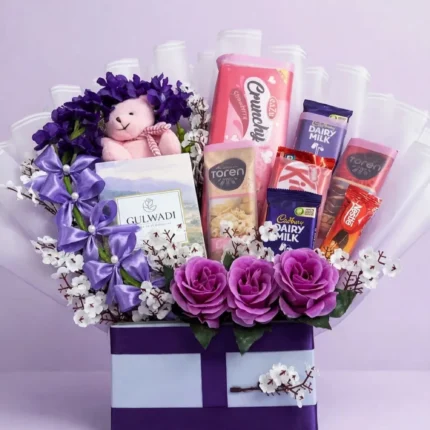 Purple Gift Box with Gulwadi Perfume, Chocolates & Roses – PakFlowerShop