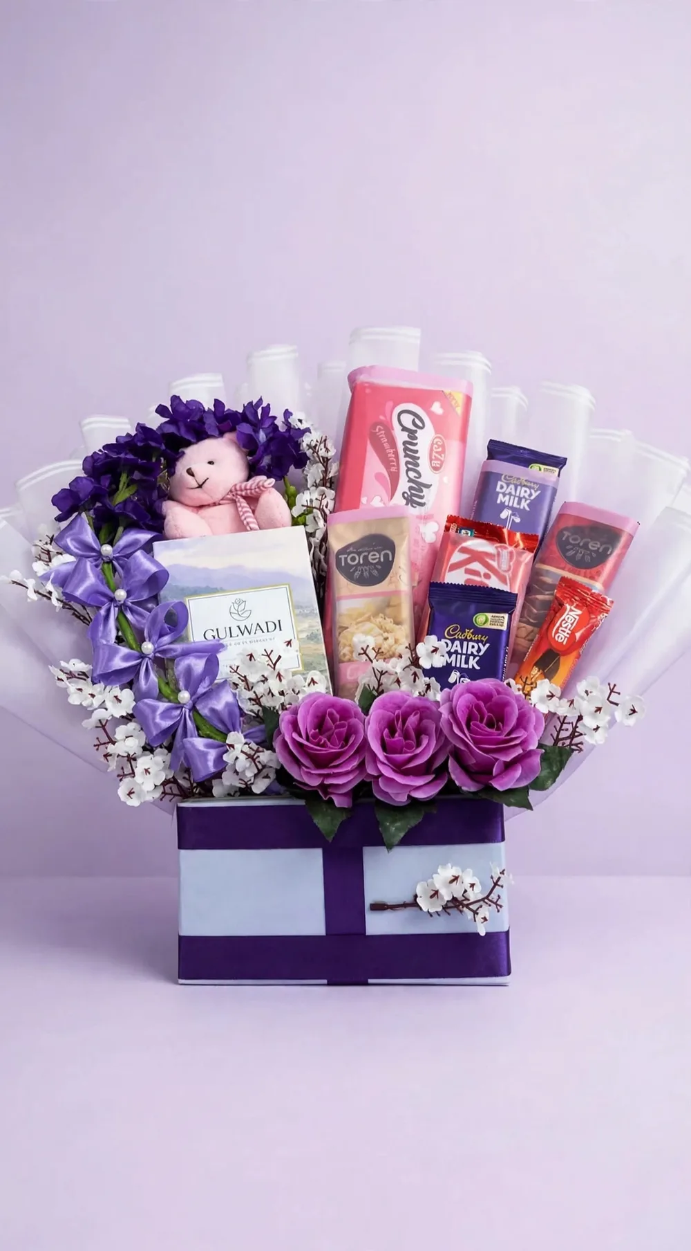 Purple Gift Box with Gulwadi Perfume, Chocolates & Roses – PakFlowerShop