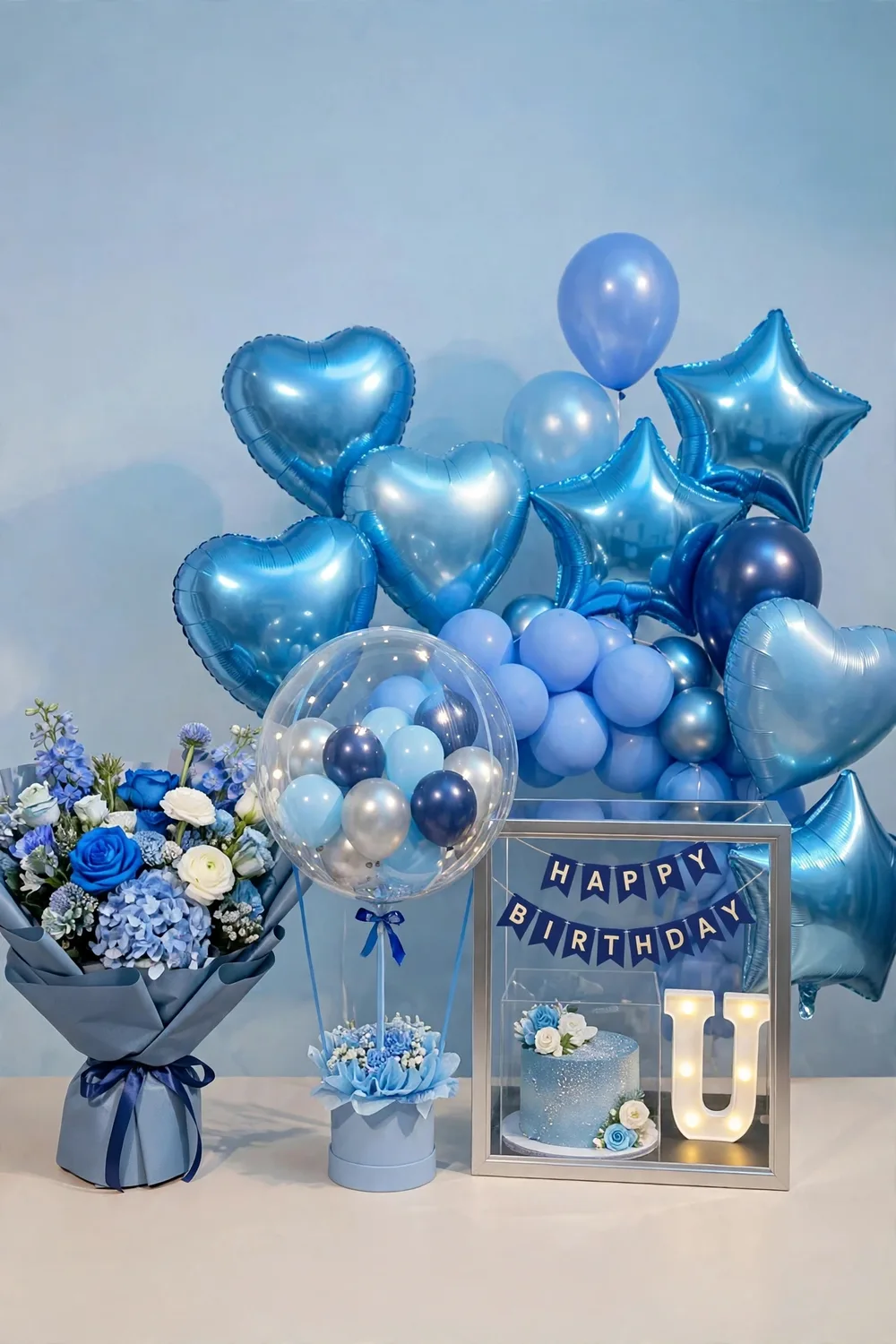 Complete Birthday Set – Blue Theme – Angle View – PakFlowerShop