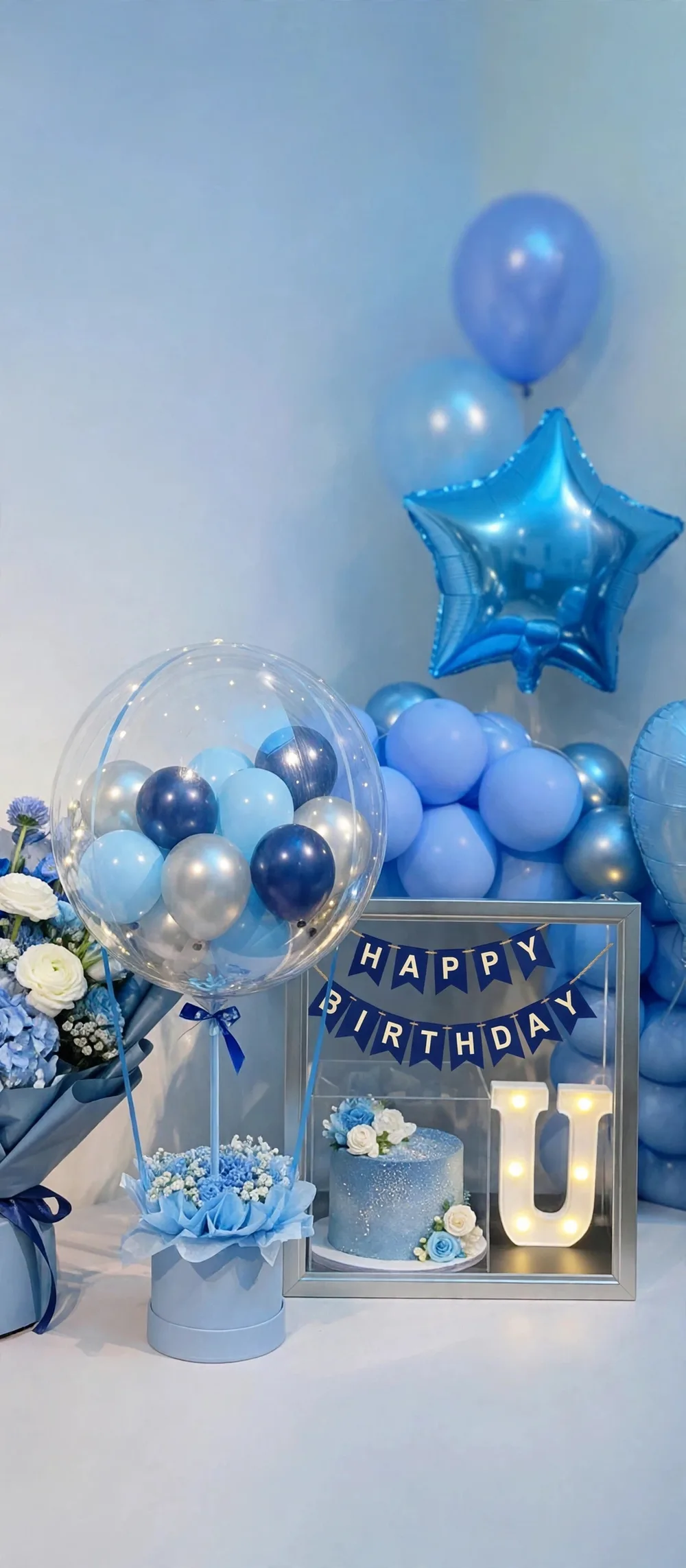 Complete Birthday Set – Blue Theme – Close-up – PakFlowerShop