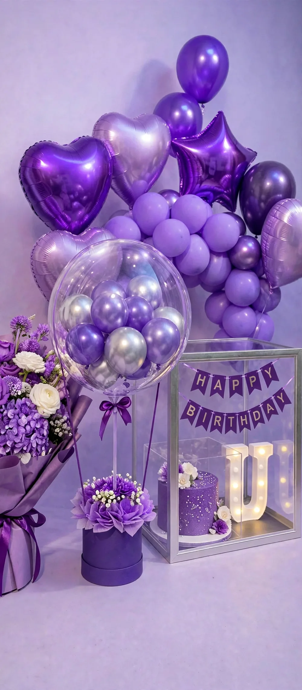 Complete Birthday Set – Purple Theme – Angle View – PakFlowerShop