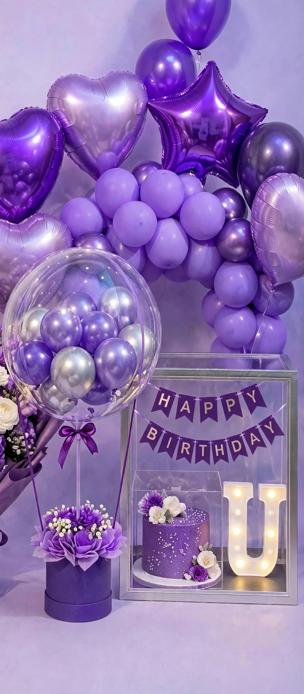Complete Birthday Set – Purple Theme – Close-up – PakFlowerShop