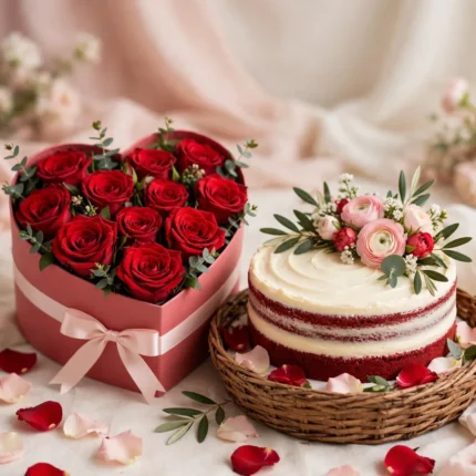 Heart Box Roses with Red Velvet Cake Combo – PakFlowerShop