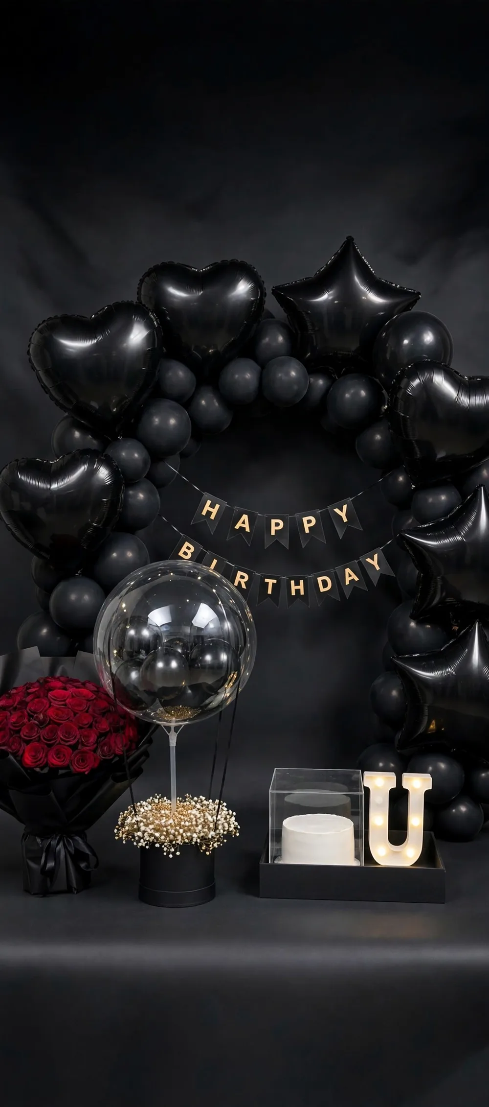 Complete Birthday Set – Black Theme – Angle View – PakFlowerShop