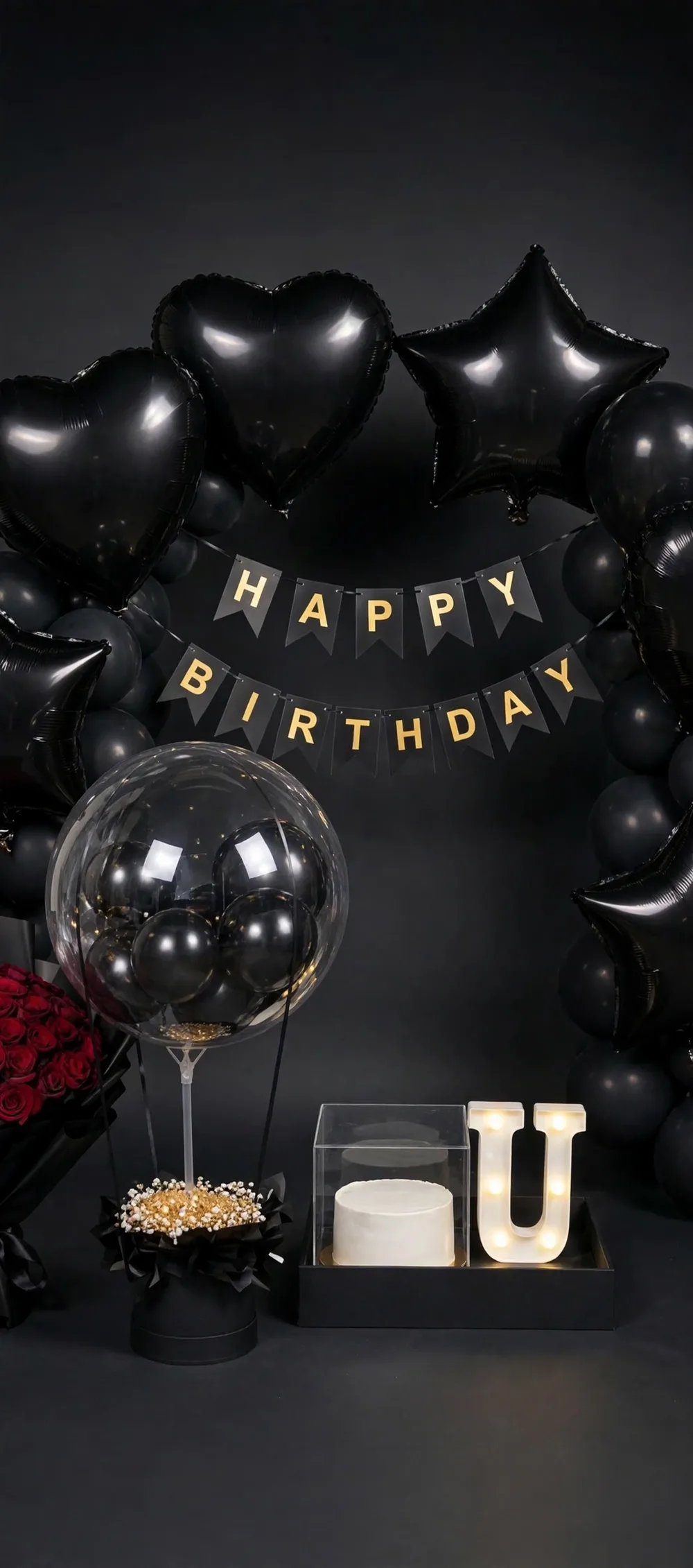 Complete Birthday Set – Black Theme – Close-up – PakFlowerShop