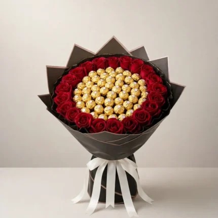 50 Ferrero Rocher Bouquet with Fresh Red Roses – PakFlowerShop