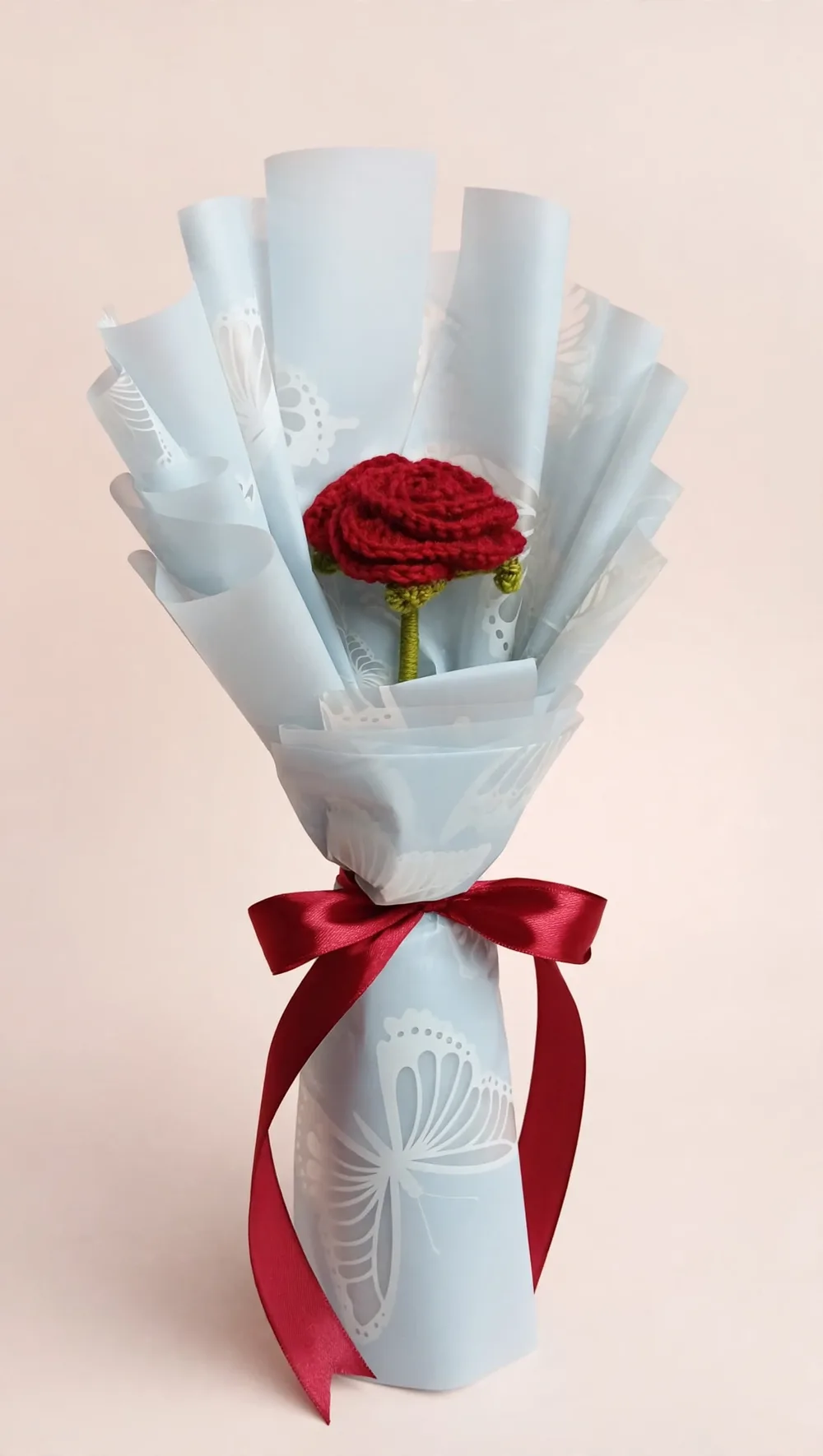 Handmade Crochet Single Red Rose – Angle View – PakFlowerShop