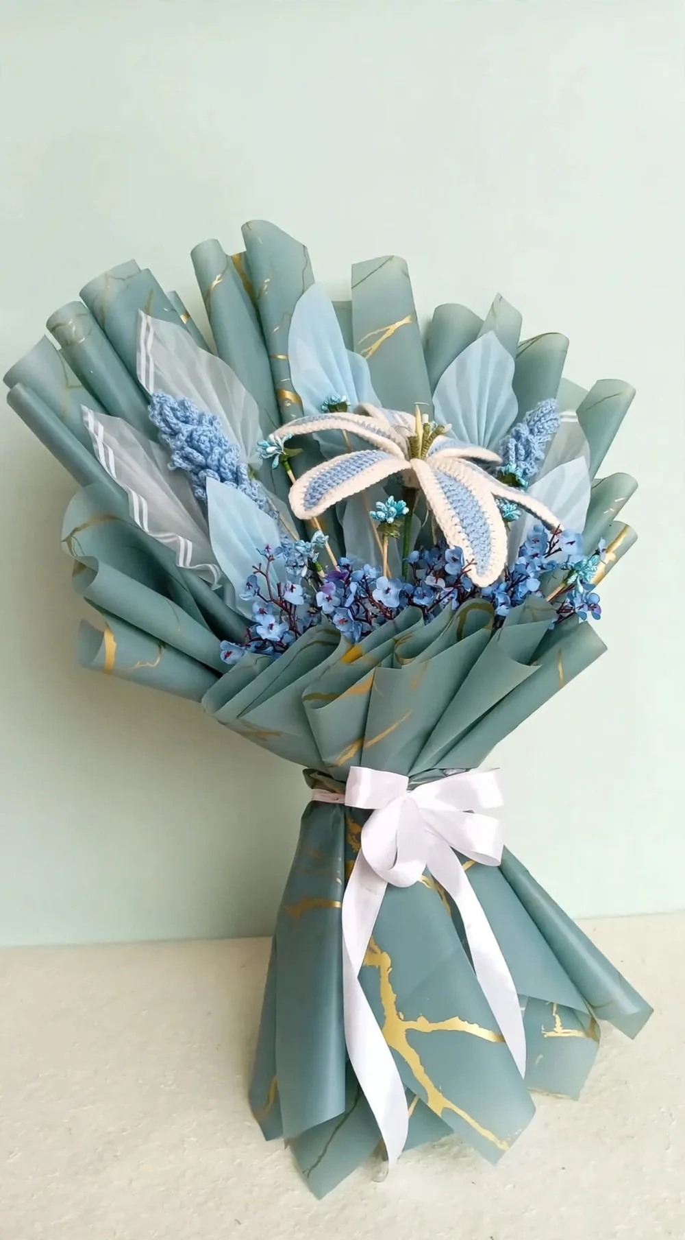 Handmade Crochet Lily Bouquet – Sage Green – Angle View – PakFlowerShop