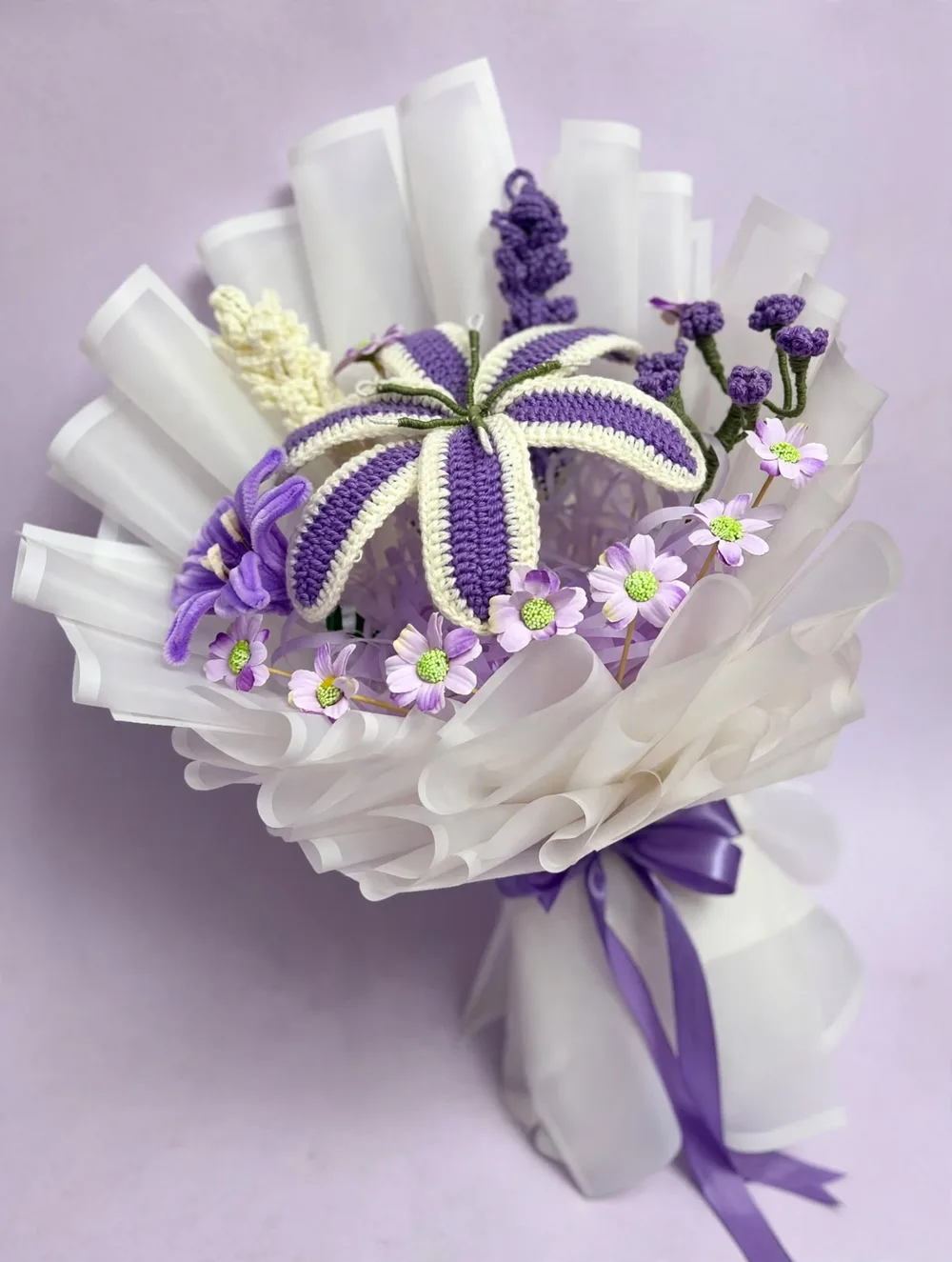Handmade Crochet Lily Bouquet – Purple – Angle View – PakFlowerShop