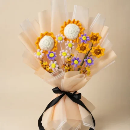 Handmade Crochet Sunflower Bouquet – Cream Wrap – PakFlowerShop