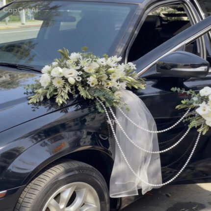 Elegant pearl strings and white flowers wedding car decoration packages Lahore