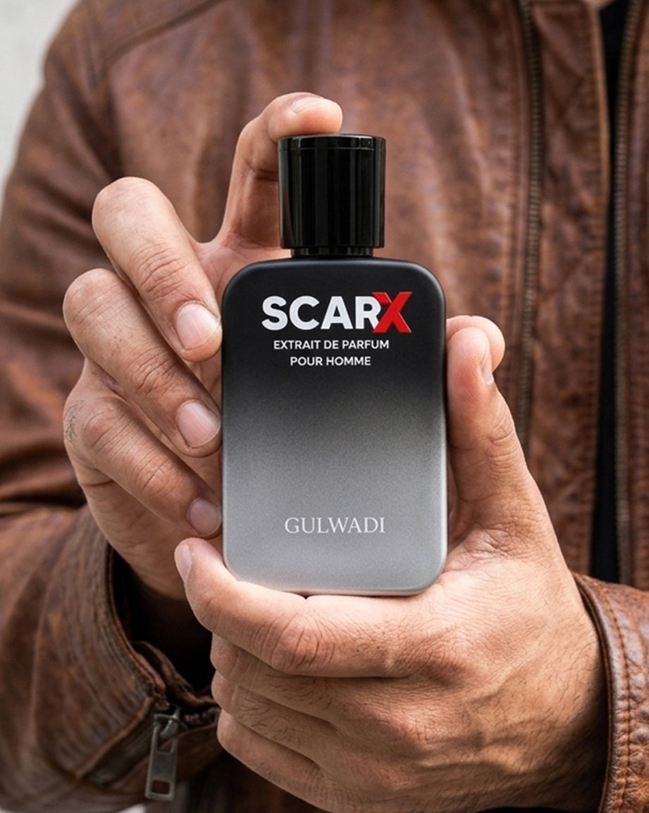 Man in a leather jacket holding a black and silver ombre bottle of Scar X Extrait de Parfum Pour Homme by Gulwadi