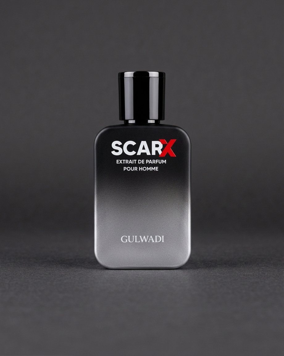 Man in a leather jacket holding a black and silver ombre bottle of Scar X Extrait de Parfum Pour Homme by Gulwadi