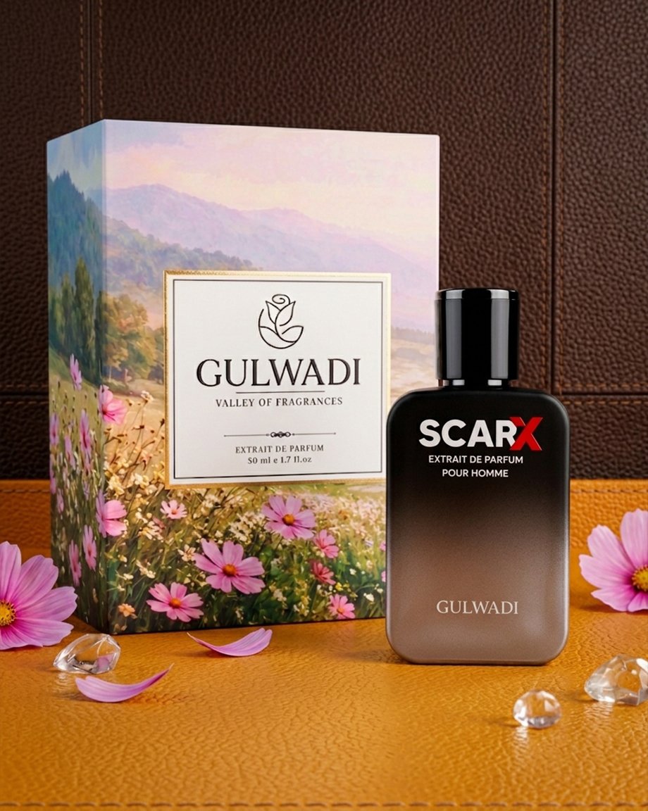 Man in a leather jacket holding a black and silver ombre bottle of Scar X Extrait de Parfum Pour Homme by Gulwadi