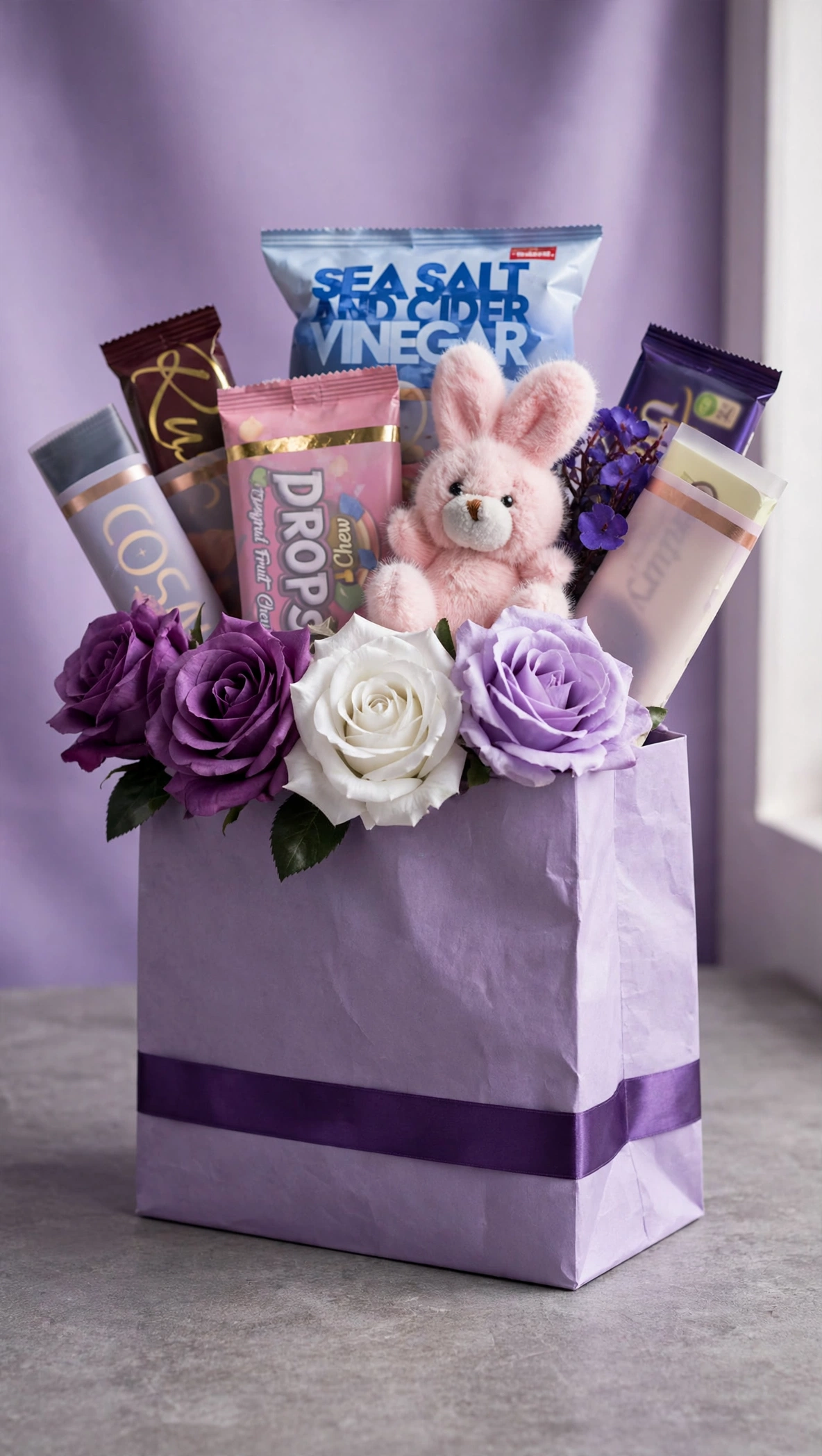 Lavender rose snack gift bag at a three-quarter angle