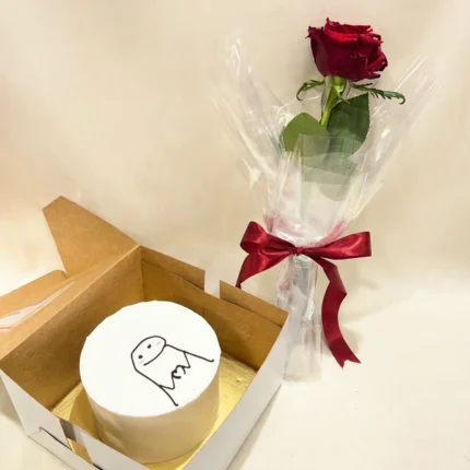 Customized cake in a gold box with a single red rose