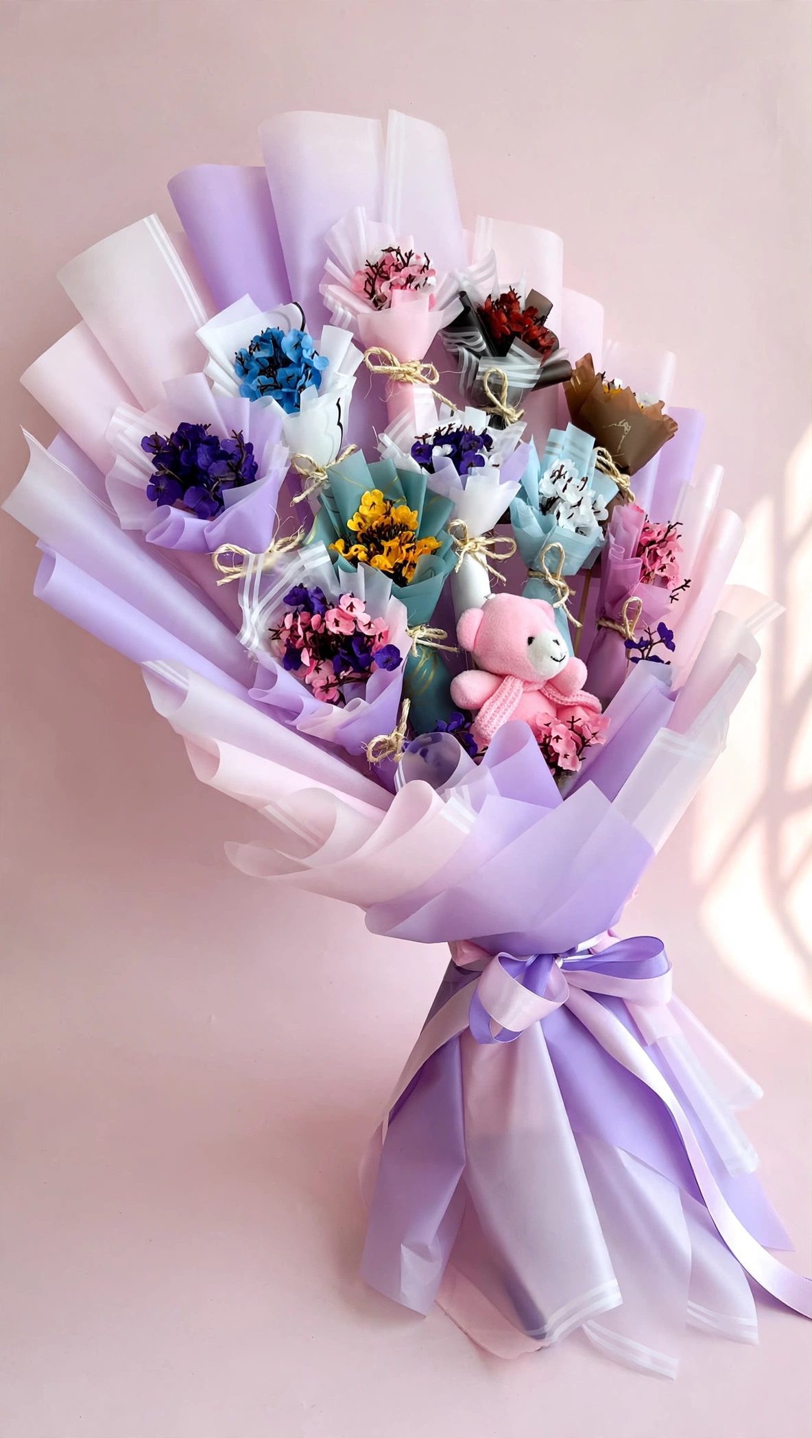 Mini handmade bouquets bunch at a three-quarter angle
