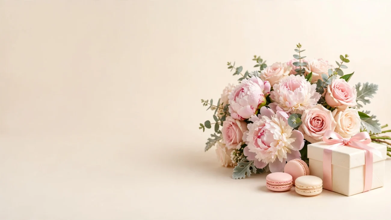 Cream celebration flowers and cake
