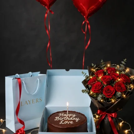 Midnight Birthday Deal – Layers Cake, Roses & Balloons – PakFlowerShop