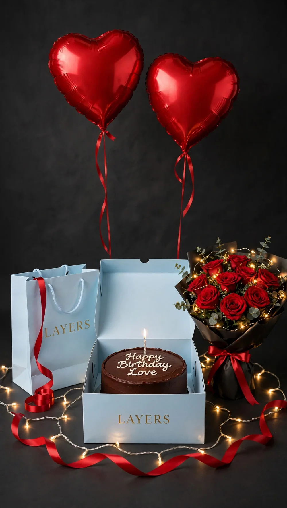 Midnight Birthday Deal – Layers Cake, Roses & Balloons – PakFlowerShop