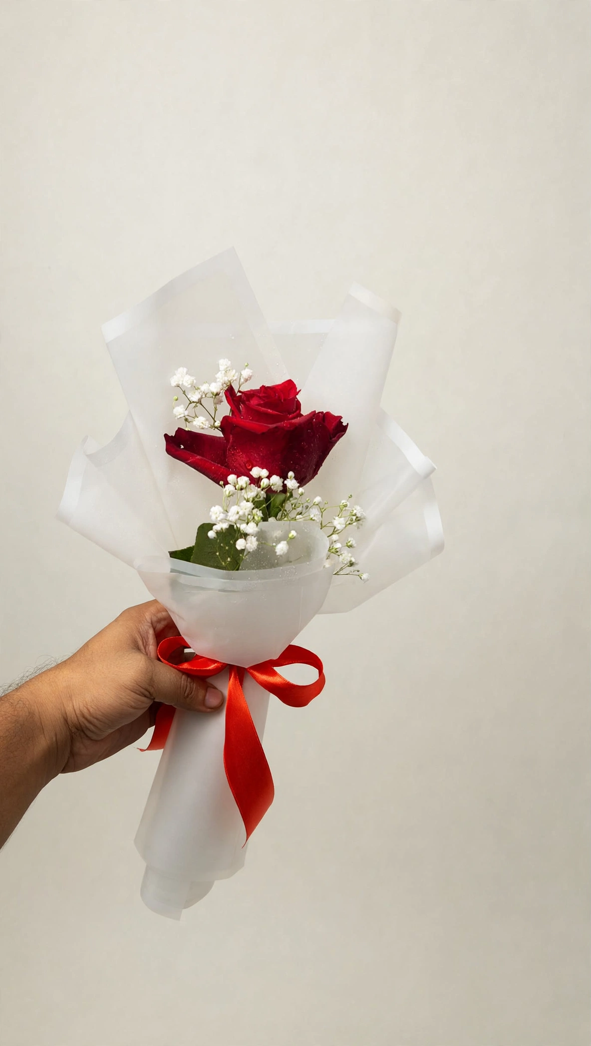 Mini red rose bouquet with baby's breath in white wrapping with red ribbon