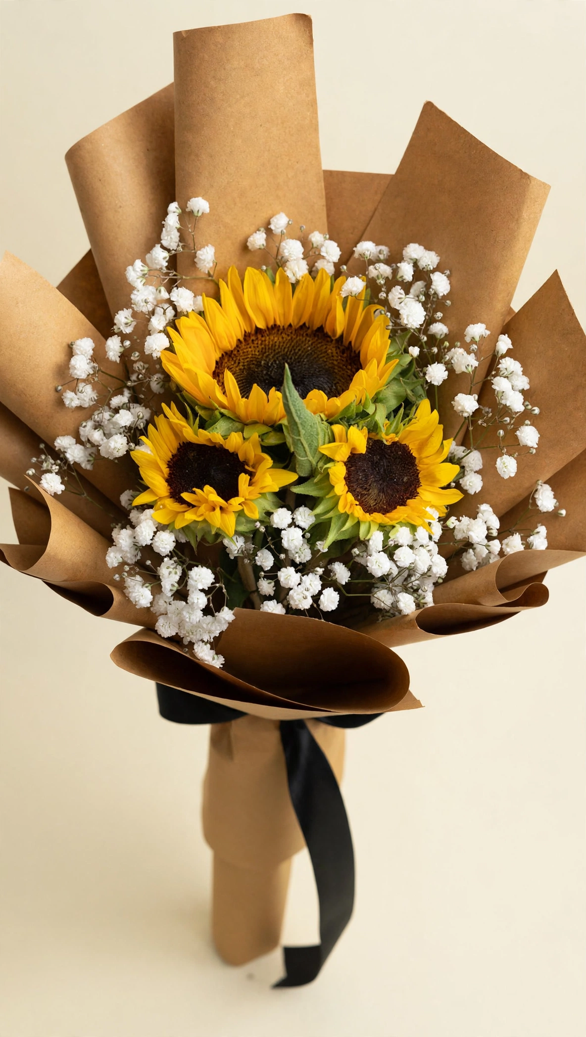 Close-up of fresh sunflowers and baby's breath in kraft wrapping