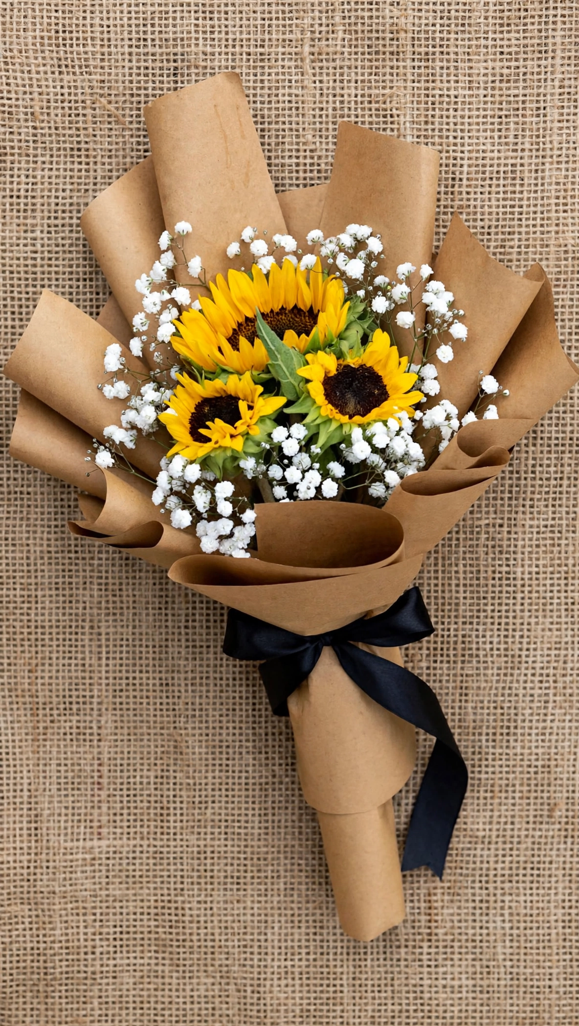 Fresh sunflower bouquet flat lay on a natural jute surface